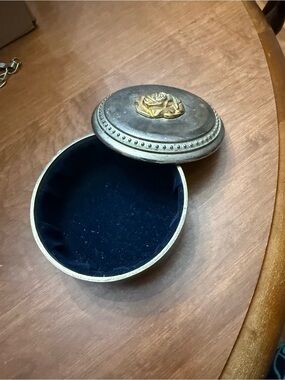 Vintage Silverplate Blue Velvet Lined Jewelry Casket 4" Diam. With Rose On Top